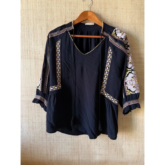 Hummingbird Tops - Hummingbird Black Embroidered Boho Peasant Blouse Tassel Tie S HT10991H